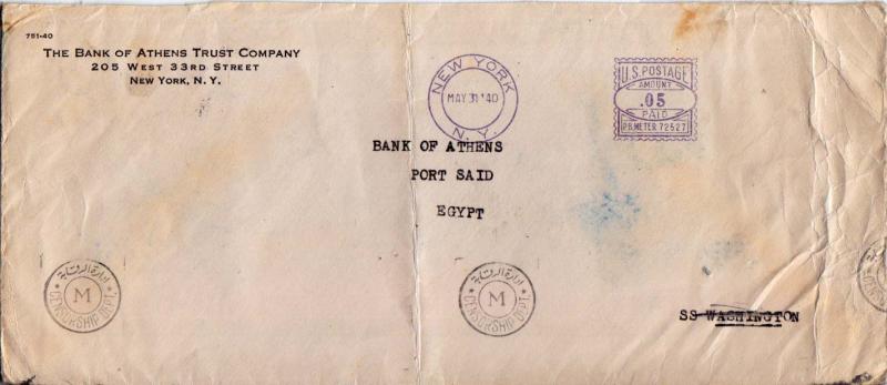 Meters 5c Meter 1940 New York, N.Y. to Port Said, Egypt.  Corner card The Ban...