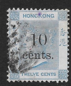 HONG KONG SG25 1880 10c ON 12c PALE BLUE USED