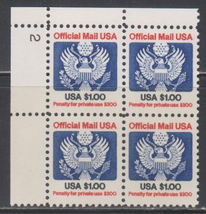United States,  $1 Official  (SC# O132) MNH PLT # BLOCK