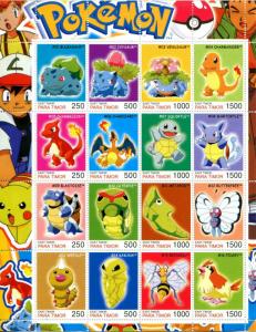 Complete 160 POKEMON Cinderella Stamps PARA TIMOR set of 10 Full Sheets 2001