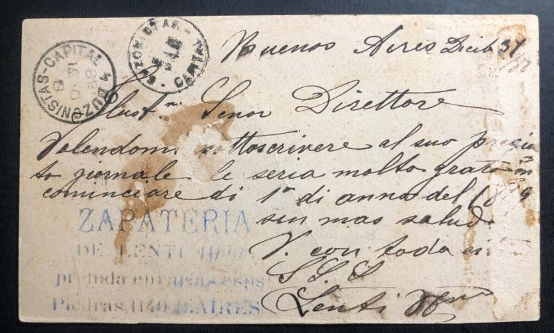 1888 Buenos Aires Argentina Early Postal Stationary Postcard Cover