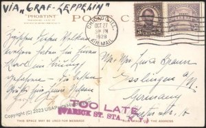 USA 1928 Graf Zeppelin Germany Too Late Cover Trinity Church PPC 111104