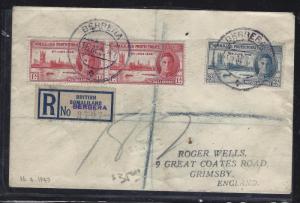 SOMALILAND COVER (PP0312B)   KGVI  PEACE SET REG BERBERA TO ENGLAND