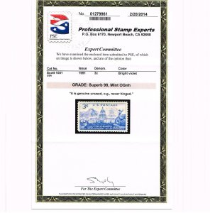 EXCEPTIONAL GENUINE SCOTT #1001 MINT PRISTINE OG NH PSE CERT GRADED SUPERB 98