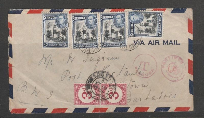 Barbados 1949 postage Due 3d pair USED CORRECTLY on 1949 Cover from Bermuda, inc