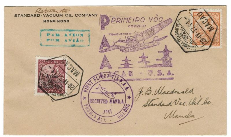 MACAU 1937 FIRST FLIGHT AIRMAIL COVER MACAU TO USA MANILA PHILIPPINES FLIGHT