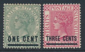 Straits Settlements 1892-94 SG 93 & 94 1c on 8c & 3c on 32 cents MH WMK CROWN CA