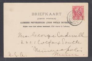 Netherlands Sc 65 perfin K on 1907 PPC to Minneapolis