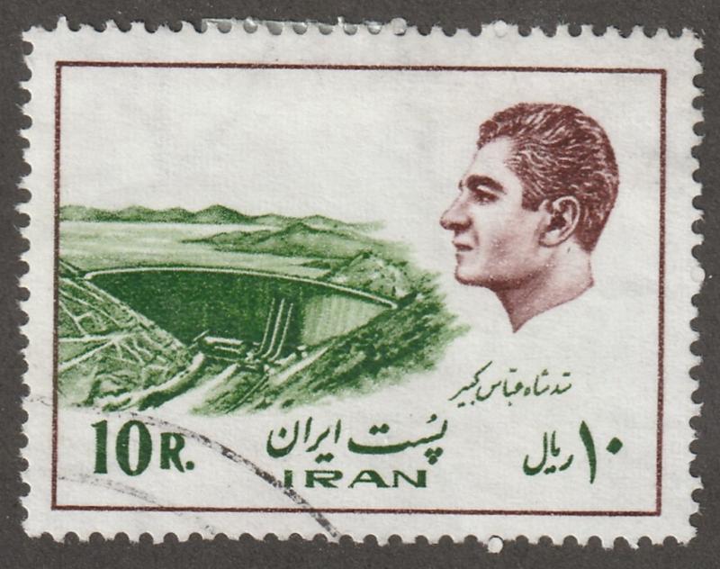Persian/Iran stamp, Scott# 1838, used, 10R, frame/Shah in dark brwn,kabir damn