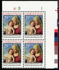 1993 Christmas Madonna Giovanni Plate Block Of 4 29c Stamps, Sc# 2789, MNH, OG