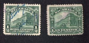 Nicaragua 1914 1c dark green & 1922 1/2c green Palace, Scott 350, 408 used