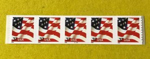 US SCOTT 3632 Coil - Waving Flag Strip of 5 Plate # 5555A - XF, Mint NH