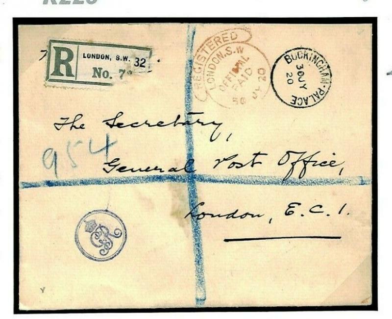 GB ROYALTY Buckingham Palace Registered Mail GvR Cypher 1920 R220