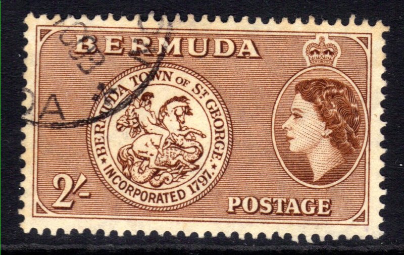 Bermuda 1953 - 62 QE2 2/-d Brown Arms of St George used SG 146 ( J293 )