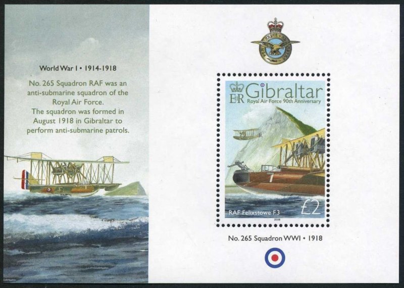 Gibraltar 1135-1140,1141 sheet,MNH. Royal Air Force,90th Ann.2008.Airplanes.