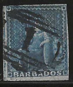 Barbados, 1855, Scott #6, 1p blue, imperf., 3 1/2 margins, used