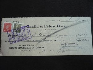 Canada - Revenue - KGVI Issue Stamps on cheque dated 1952