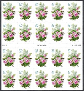 United States #3836a 37¢ Garden Bouquet (2004). Pane of 20. MNH