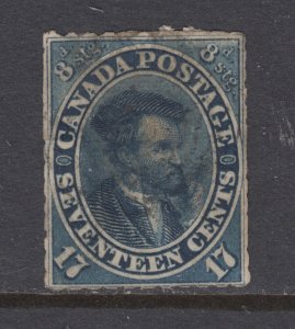 Canada Sc 19 used. 1859 17c blue Cartier, clipped perfs, thin, spacefiller