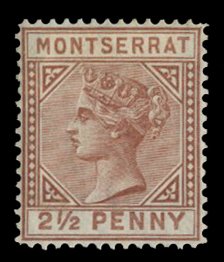 Montserrat #3 (SG 4) Cat£250, 1880 2 1/2p red brown, hinged, slight toning