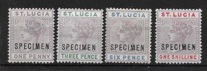 ST.LUCIA SG39s/42s 1886-7 SPECIMEN SET OF 4 (1d THINNED) MTD MINT