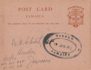 JAMAICA - 1972 local oval postmark of HENDON on 1-1/2d Card