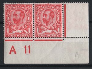 GB 1911 1d die 1b carmine A11(c) corner pair unmounted mint perf type 2, sg329