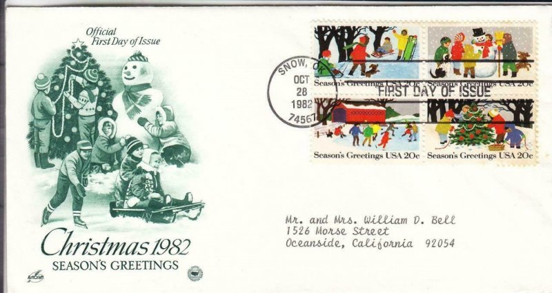 1982, Christmas-Season's Greeting, Blk/4, Artcraft/PCS, FDC (E8274)