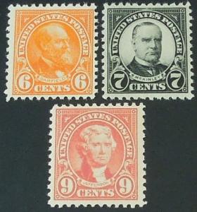 1922-23 6c, 7c, 9c Presidents Scott 558, 559, 560 Mint H