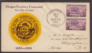 1936 Oregon Territory 100 years Sc 783-2 FDC Unknown cachet Astoria OR