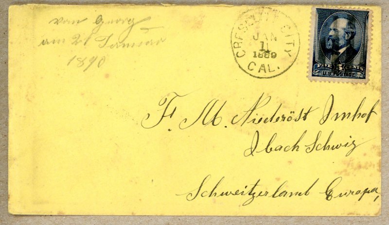 U.S. #216 cover Crescent City CA to Switzerland 1890 New Year cancel error sl...