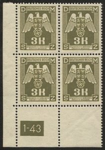 CZECHOSLOVAKIA Bohemia & Moravia 1941 Sc O22  3k VF Mint MNH Plate Block, Birds