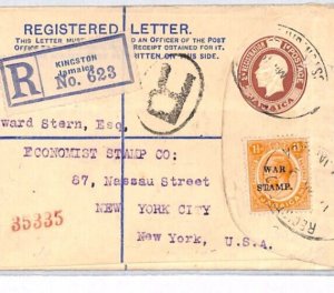 JAMAICA KGV Cover 1919 Registered Stationery 1½d *WAR STAMP* Franking USA PJ122