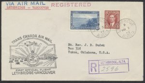 1939 Flight Cover Registered MAR 2 Lethbridge ALTA to Vancouver AAMC #3903ai