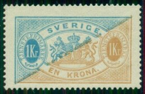 SWEDEN #O25a, 1kr blue & bister, type I, og, NH, VF, Nielsen cert Facit $1,800