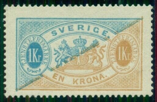 SWEDEN #O25a, 1kr blue & bister, type I, og, NH, VF, Nielsen cert Facit $1,800