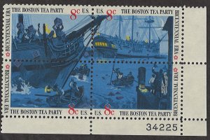 Scott # 1483a 1973 8c multi Litho& Boston Tea
Party ; TAGGED Plate Block - Lo...