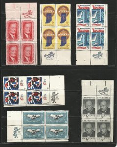 USA Stamps #1259,1264,1266,1269,1308,1312 Plate Blocks of 4 (Zip Block)