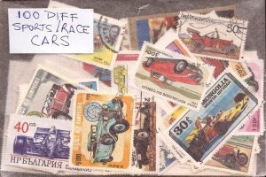 Sports & Race Cars on Stamps - 100 Different Stamps