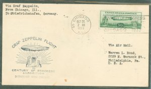 US C18 (1933) 50c Baby Zeppelinn (single) on an addressed event cover with a Chicago, IL century of progress machine cancel an