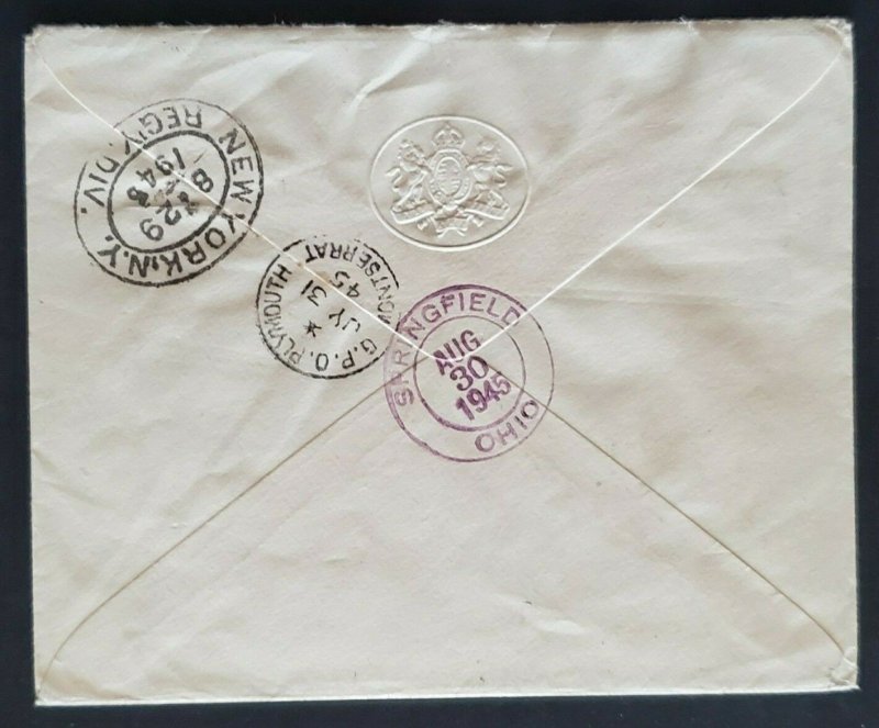 1945 Plymouth Montserrat to Springfield Ohio via New York USA Registered  Cover