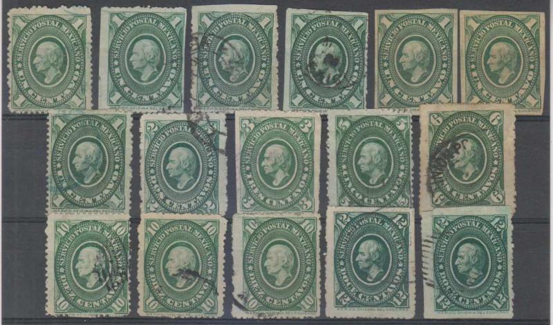 MEXICO 1884 Sc 150-152 & 154-157 Follansbee 138a-145a (16x) BLACK GREEN CV$125+