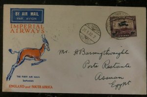 1932 Kimberley South West Africa First Flight Cover FFC To Aswan Egypt Imperial