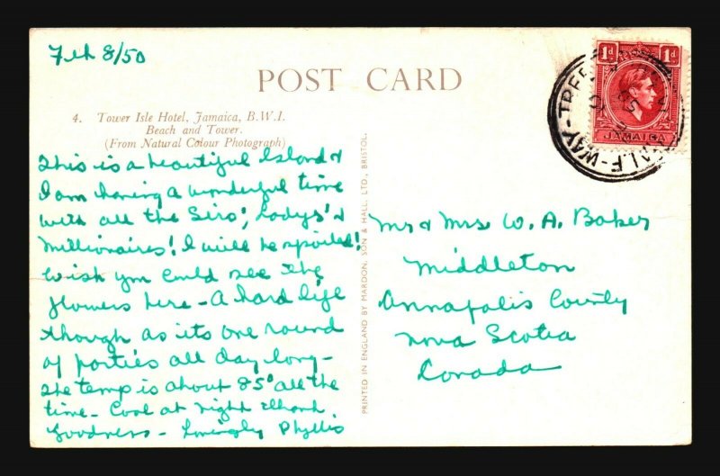 Jamaica 1950 HalfWay Tree Postcard to Canada - Z17637