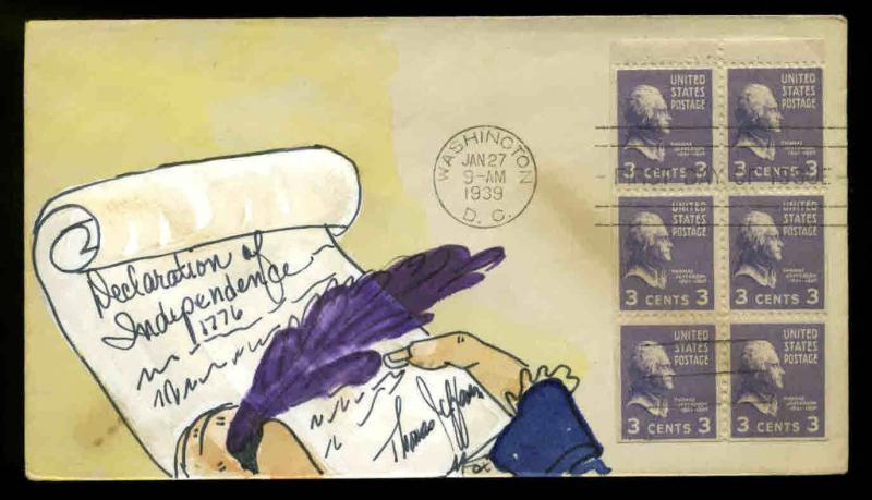 807a  BOOKLET PANE  3c PREXY FDC WASHINGTON, DC HAND PAINTED CACHET