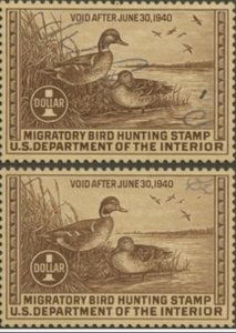 Pair 1939-40 RW6 Federal Duck Stamps $1 Migratory Bird Hunting – Used/Signed