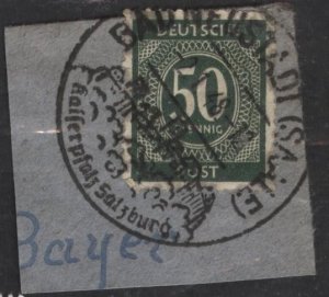 Germany 551 (used on piece, Bad Neustadt pmk) 50pf numeral, dk olive grn (1946)