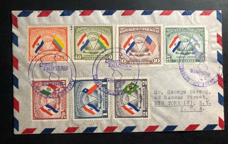 1945 Asuncion Paraguay Airmail Registered Cover to New York USA Fraternity stamp