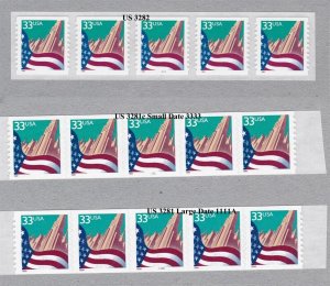 PNC5 33c Flag US #3281 Large Date, US #3281c Small Date, 3282 Spaces Lot 3 MNH