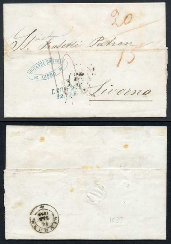 Cyprus 1859 entire to Livorno very fine LARNACA two-line datestamp in BLUE